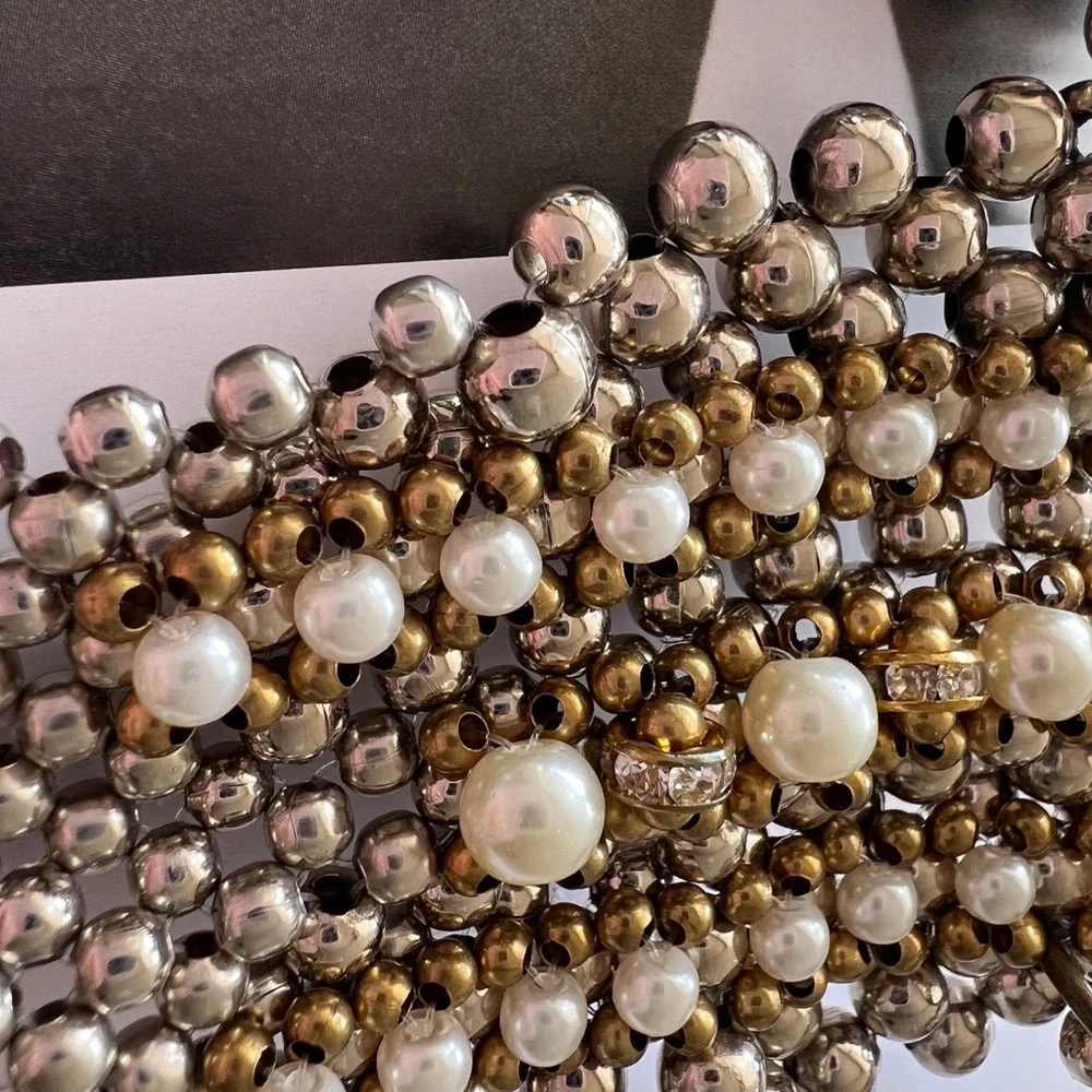 Silver and Gold Beaded Bib Necklace with Textured Pendants - Picture 6 of 10